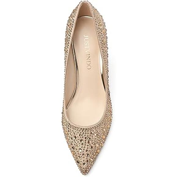 Justvindo Womens Size 8.5 Gold Satin Rhinestone 2.5" Heel Closed Point Toe Shoes - Picture 5 of 7